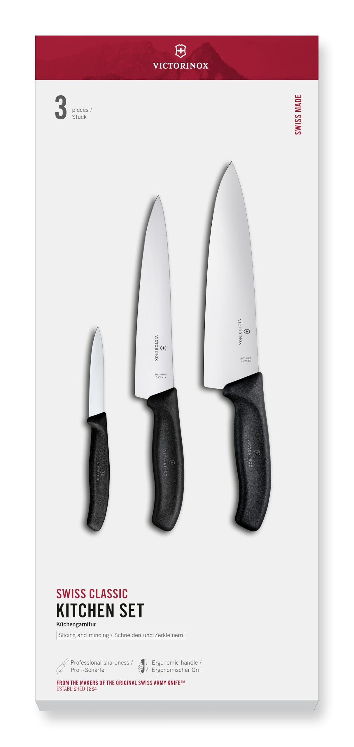 Victorinox Set di Coltelli da Cucina Professionali Swiss Classic, 3 pezzi, incl. Coltelli per Verdure, da Cucina e Chef, Multiuso, Lame Dritte, 8-20 cm, Nero