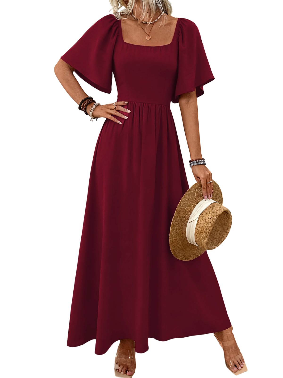 LIAMERHE Robe Longue Femme Été Élégante Col Carré Manches Volantes Chic Robes Maxi Ligne A Manches Courtes Taille Haute Fluide Style Bohème Robe de Plage Vintage Mariage Décontractée