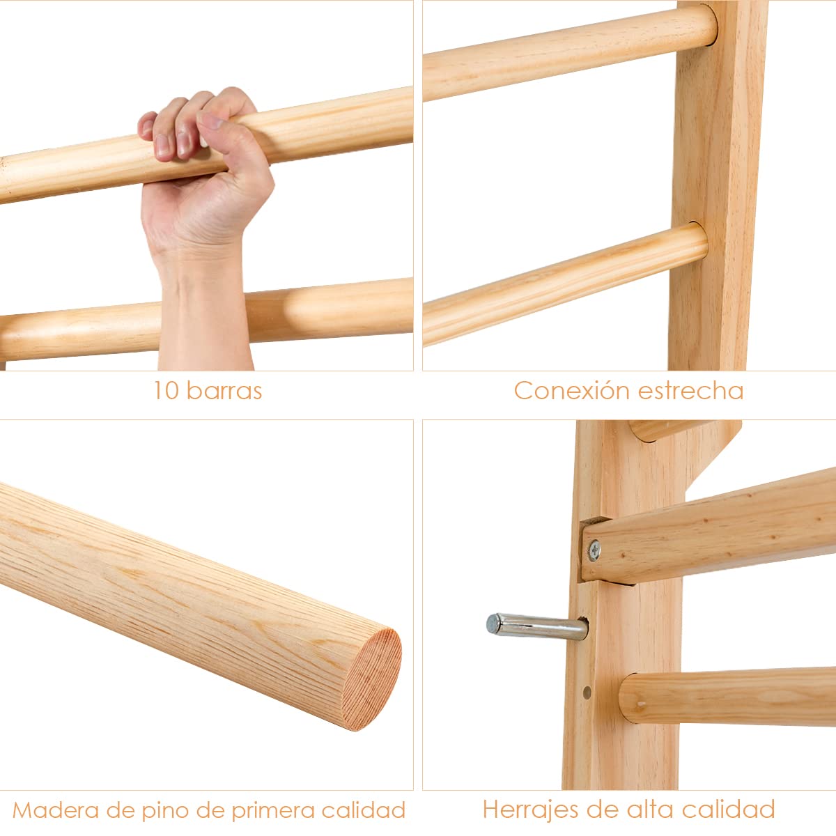 COSTWAY Escalera Sueca Barras de Pared 195x81x14cm Madera Espaldera para Gimnasio Fitness Casa Deportiva Carga hasta 150 kg，Incluye 4 Anclajes de la Pared