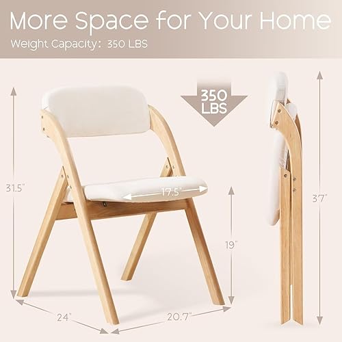 Miniatura 3 de Juego de 2 sillas plegables con cojín, sillas de comedor plegables acolchadas de lino, sillas de comedor plegables de madera cruda, para comedores,