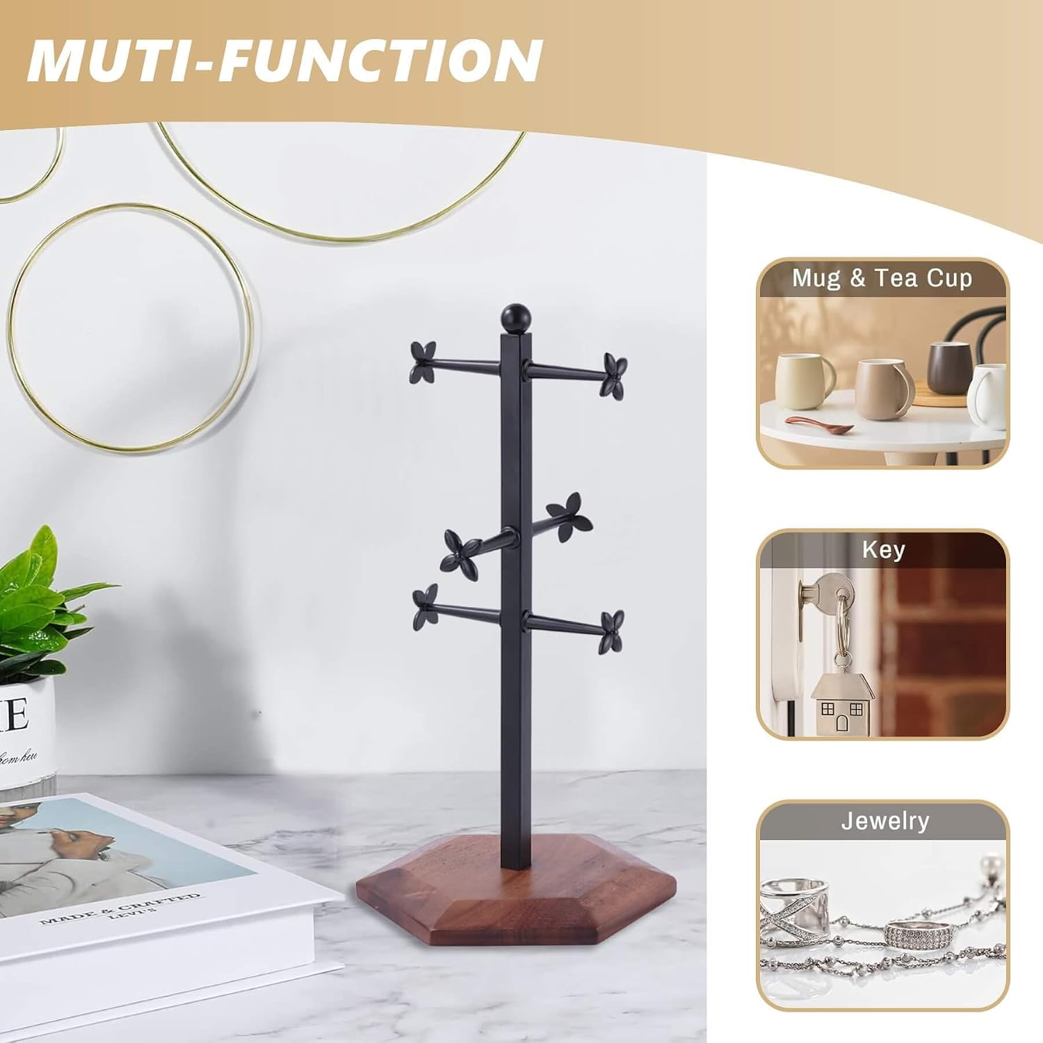 Coffee Mug Holder, Mug Tree for Counter, Cup Holder with 6 Floral Hooks, Wooden Mug Rack, Mug Stand for Counter, Coffee Bar Station Organizer, Black image 4