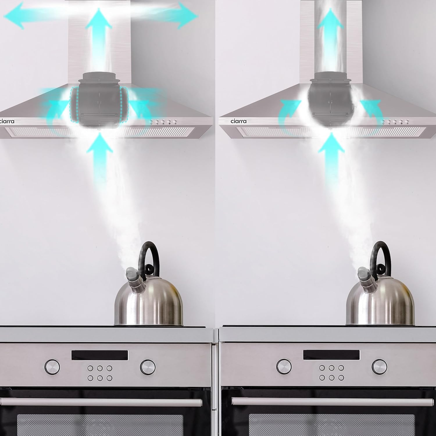 CIARRA Cappa Aspirante 60 cm Classe A 370 m³/h CAS6201A, Cappa Cucina Nero con 3 Velocità, Luce LED, Ricircolo e Scarico, Cappa a Parete Silenziosa Moderna per Cucina,Acciaio Inox