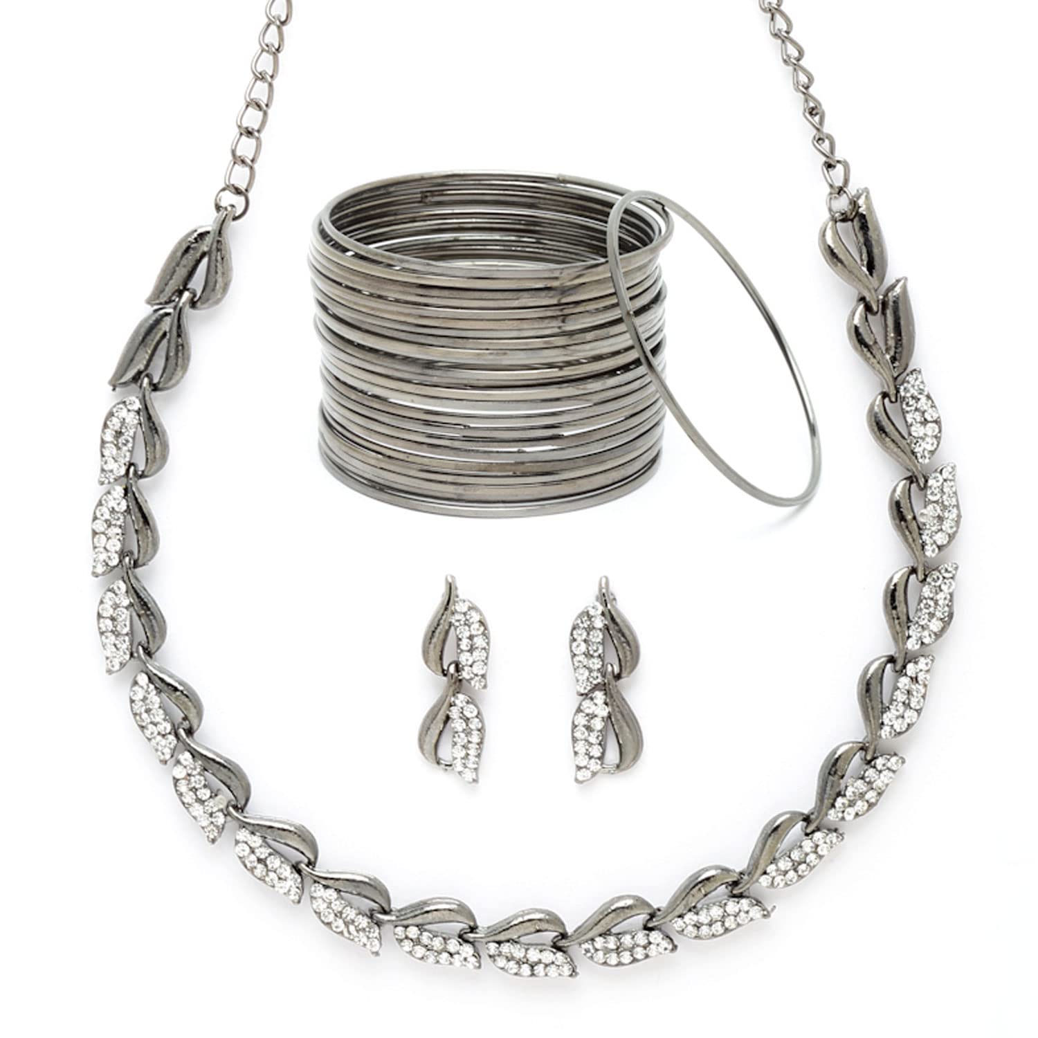 KENNICE Silver-Plated Oxidised American Diamond Studded Necklace With Earring and Bangle Jewellery Set For Women and Girl (B0BVLTZ5HT) Amazon Price History, Amazon Price Tracker