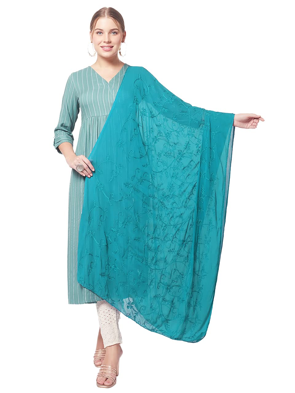 Women's Rama Green Floral Embroidered Chiffon Dupatta-image-10