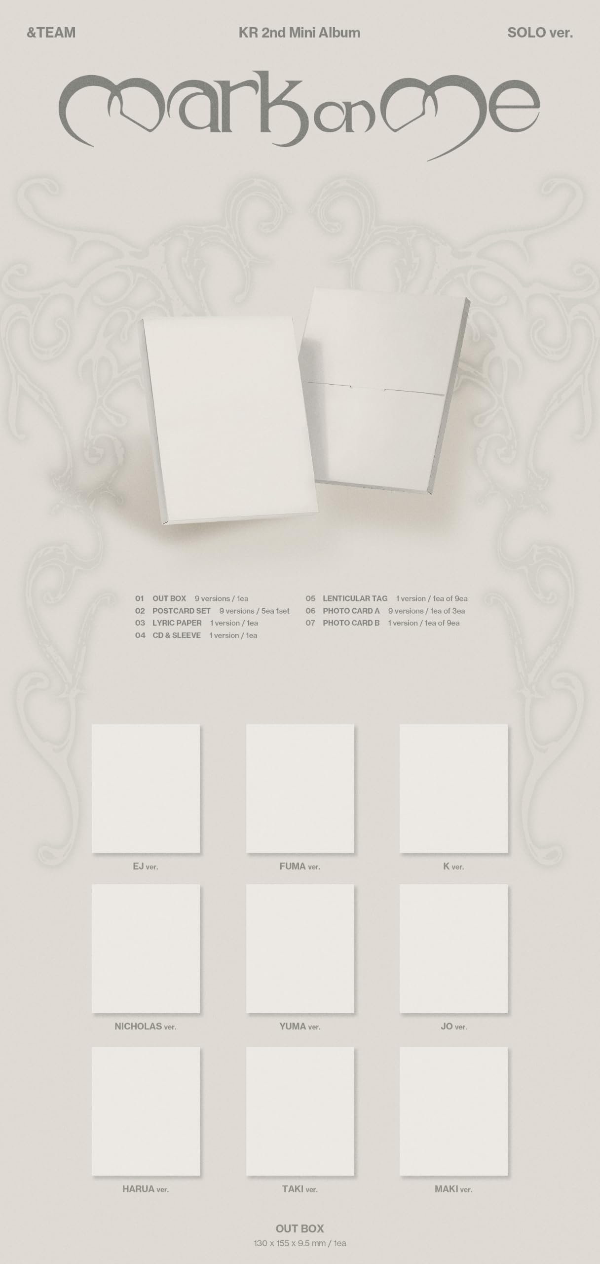 (Zestaw solo: EJ+Fuma+Jo+Haruna+K+Maki+Nicholas+Taki+Yuma) i TEAM Mark on Me KR 2. mini album ze śledzeniem