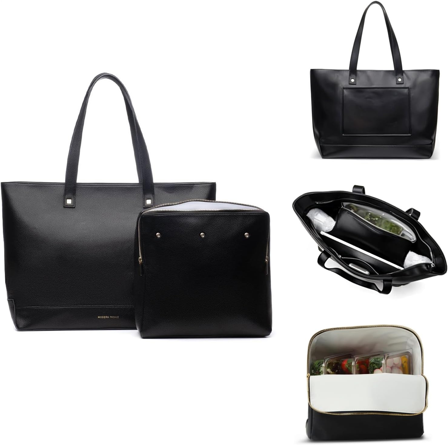 Black Faux Leather Tote with Insulated Pouch