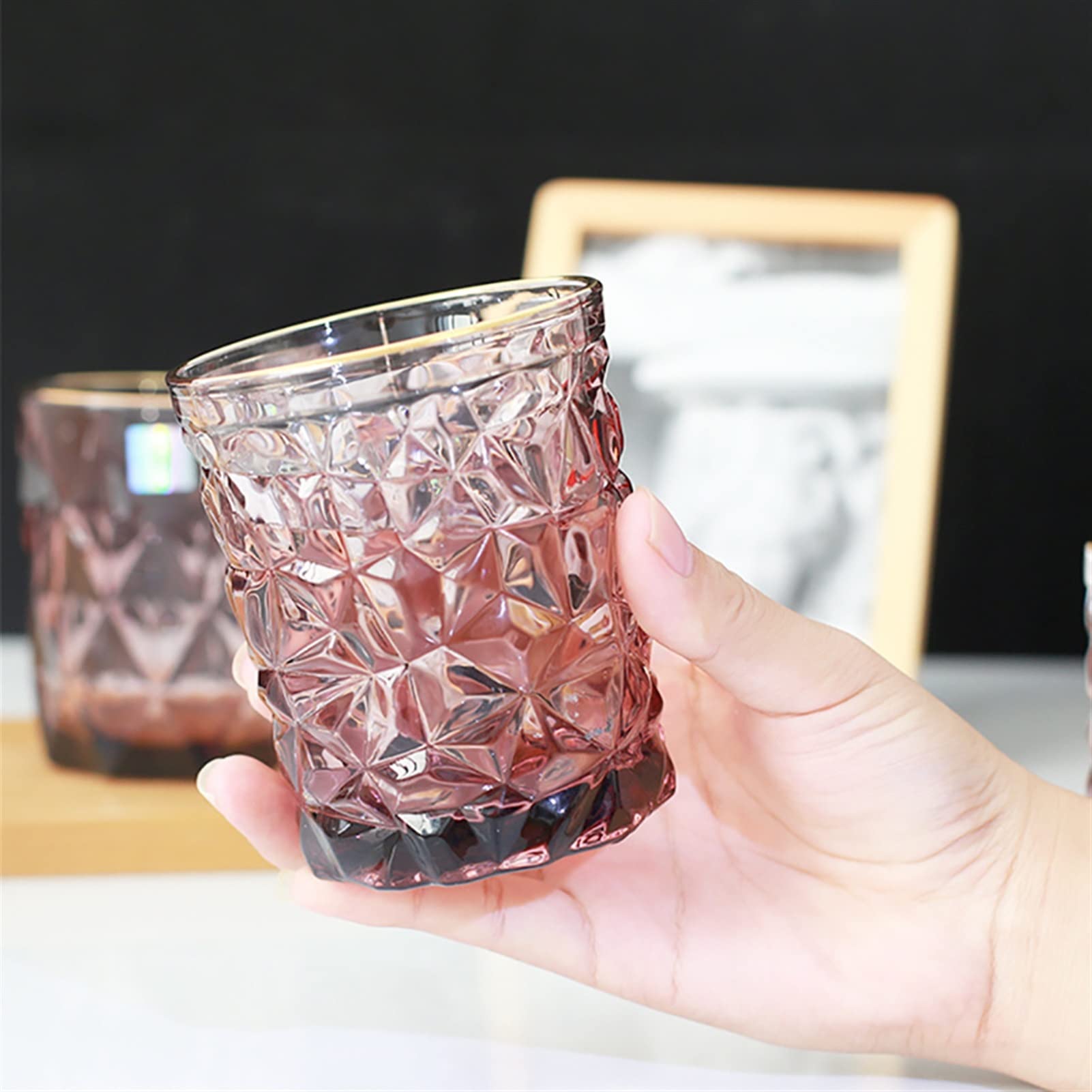 Glas Kaffeetassen 2er Set Diamant Form Trinkgläser Wein Whiskey Cocktail Saft Glas Rot Glastasse mit Goldenem Rand Glas Kaffeetassen