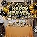 HAPPY NEW YEAR Hanging Extra Large Fabric Sign Poster Black Background Banner with Firework Pattern for New year Party Decorations