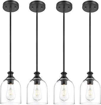 AUTELO Black Pendant Lights Kitchen Island, 1-Light Pendant Lights in Black Finish with Clear Cylinder Glass, Modern Pendant Light Fixtures, Hanging Lamp for Kitchen Island H2511 CLBK4PK