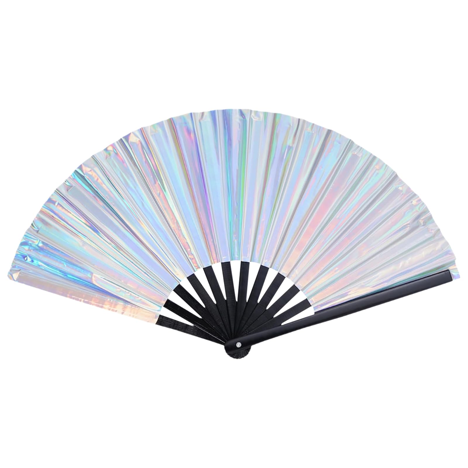 Silver Holographic Rave Hand Fan Glitter Large Folding Clack Handheld Fan PVC Laser Festival Fan Chinese Hand Fans for Wedding Birthday Dancing Music Night Club Rave Festival Cosplay Party Decoration