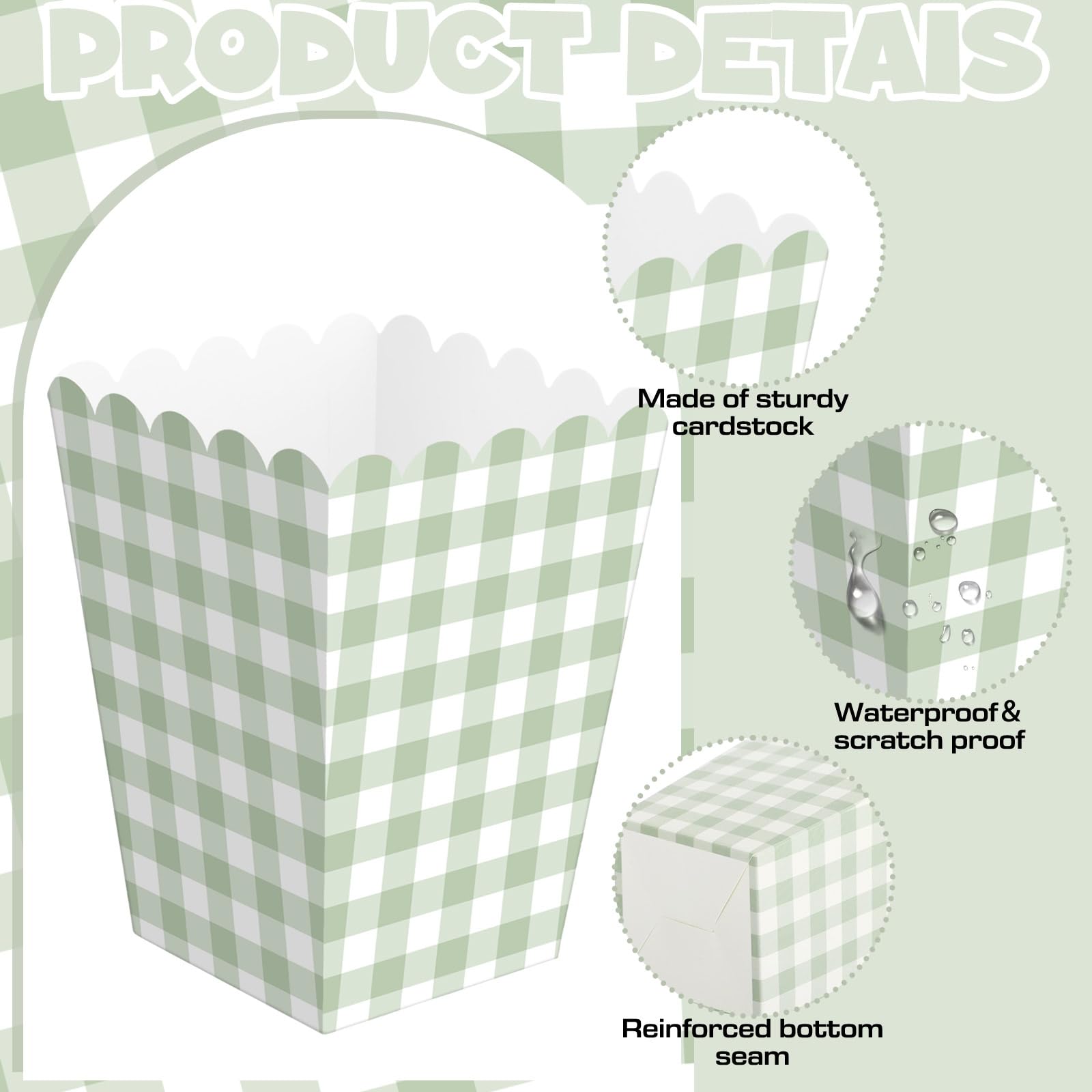 Gueevin 100 scatole per popcorn a quadretti verdi con mini contenitori di carta smerlati per popcorn sfusi a quadretti verdi per feste per feste di cinema, decorazioni per feste di addio al nubilato