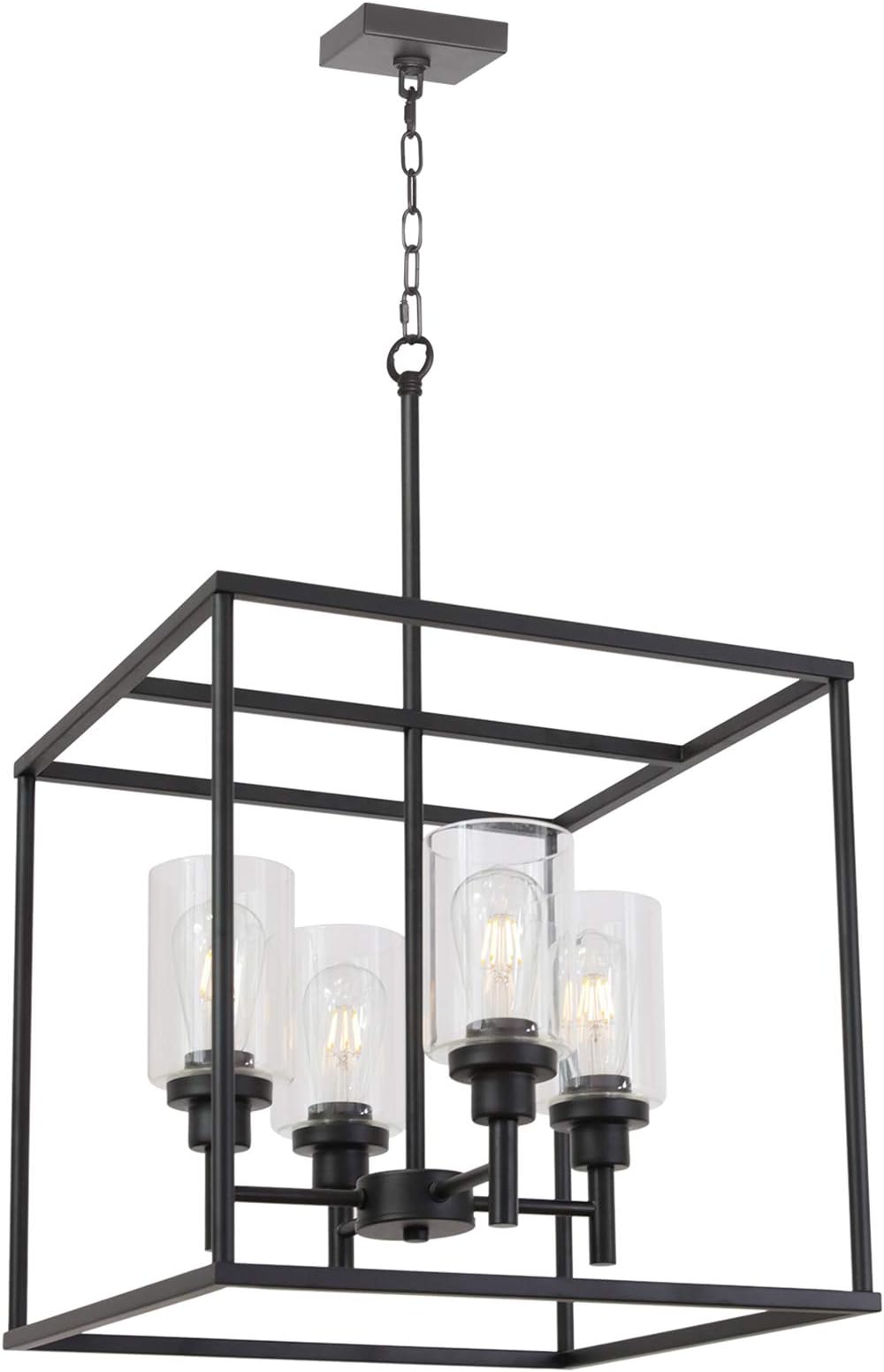 VINLUZ 4 Light Hanging Lantern Pendant Light Black Industrial Cage Dining Room Chandelier with Clear Glass Shade for Kitchen Foyer Entryway Dining Room