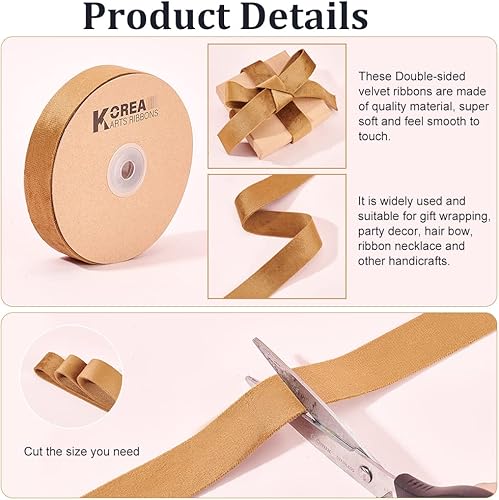 Miniatura 4 de arricraft Cinta de terciopelo de doble cara para el día de San Valentín, 10 yardas, 1 pulgada, rollo de cinta de satén de camello, cintas planas