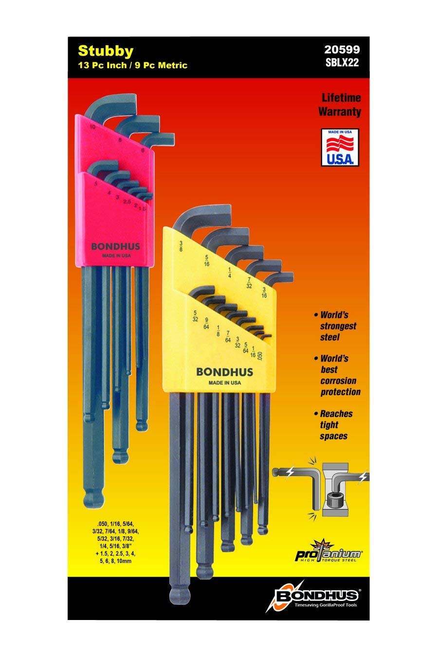 Bondhus 20599 0,050-3/8-calowy i 1,5-10 mm Stubby Ball End Hex Key Double Pack (2-pak)