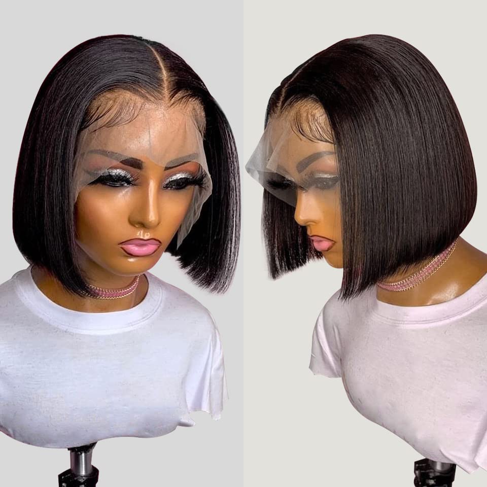 Short Bob Lace Front Wigs Human Hair For Black Women 13x4 Straight Transparent Lace Frontal Bob Style Wig Human Hair Pre plucked with Baby Hair Middle Part Brazilian Human Hair Short Bob Wigs 8 Inch (8, natural color 13X4 lace bob wig) â€¦