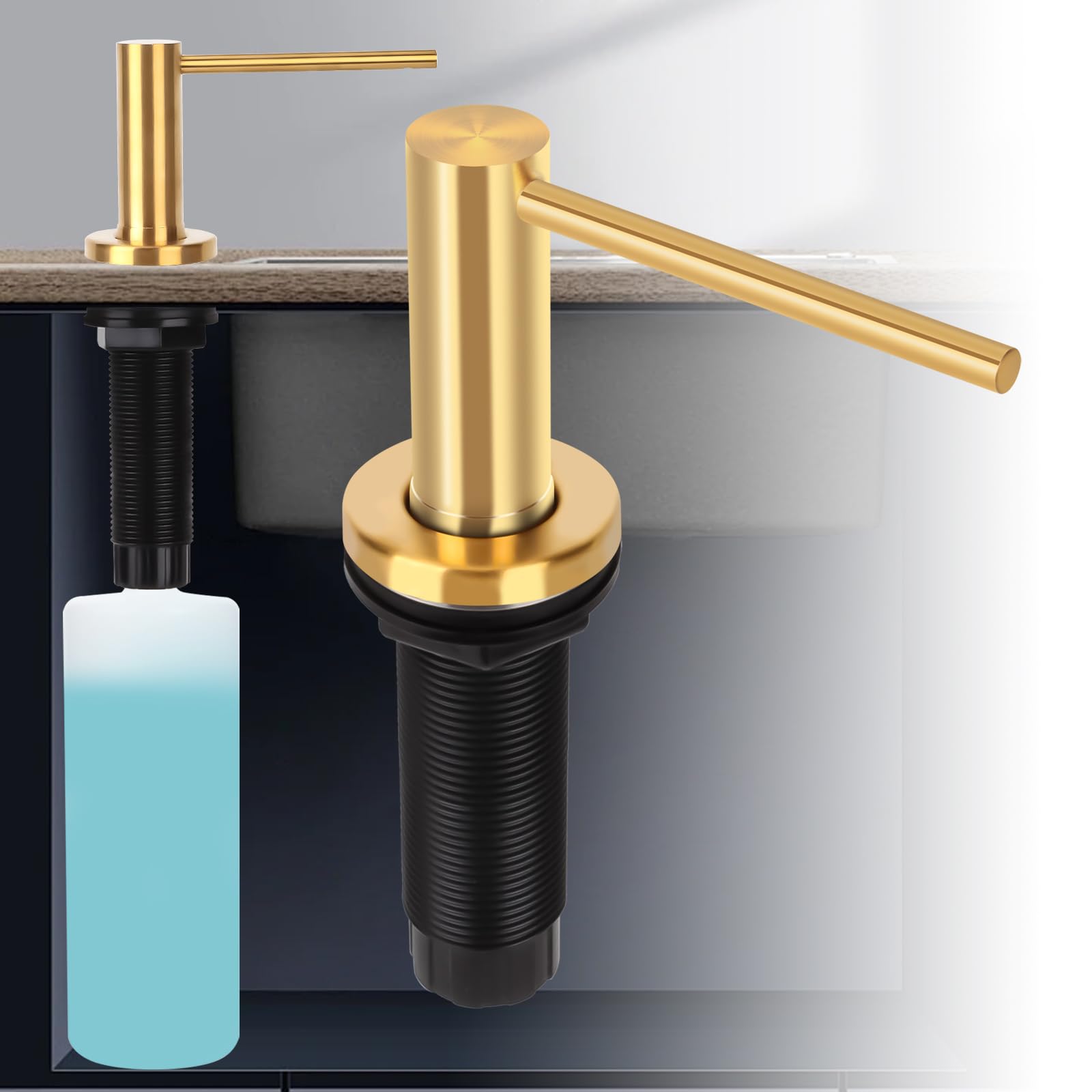 Dispensador de jabón para platos, fregadero de cocina, boquilla larga, bomba dispensadora de jabón, repuesto desde la parte superior, cabezal de bomba de metal con botella líquida grande de 17 onzas,