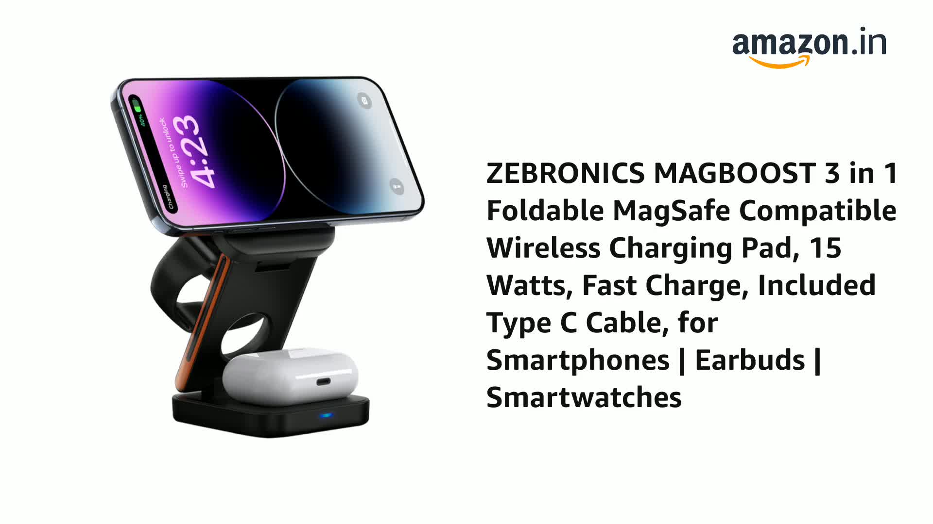 スマホアクセサリー 3-in-1WirelessCharger Watch ZEBRONICS MAGBOOST 3 in 1 Foldable MagSafe Compatible
