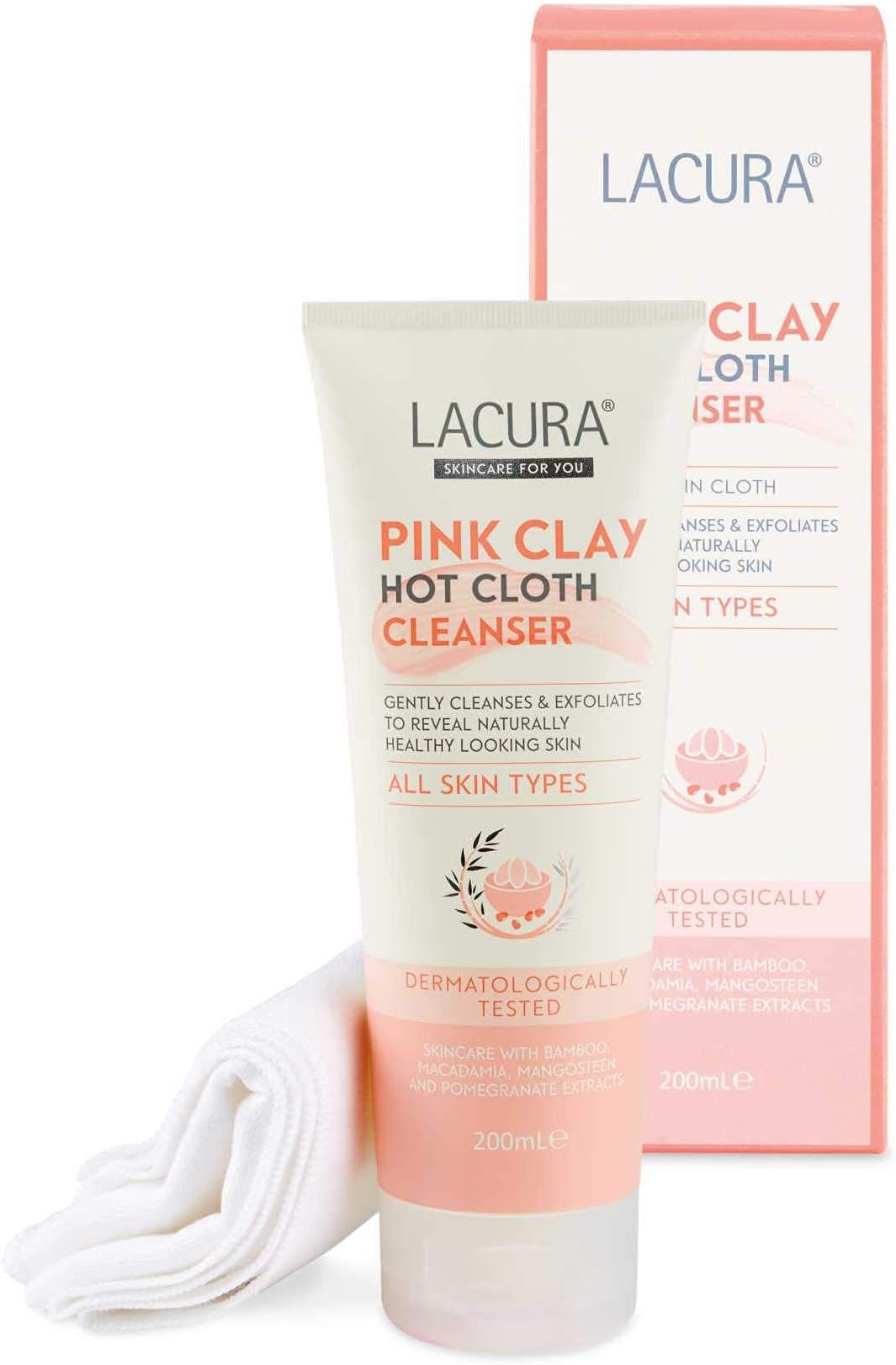 Lacura Pink Clay Hot Cloth Cleanser with Muslin Cloth | Removes Make Up | Gently Cleanses & Exfoliates | All Skin Types | 200ml