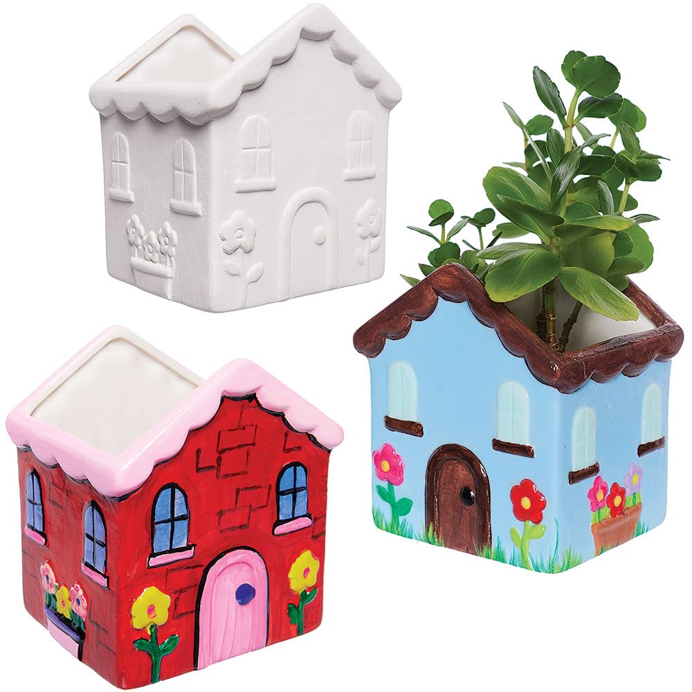 Baker Ross VC106 Ceramic House Flowerpots - Pack of 2, Paint-Your-Own House Plant Pots
