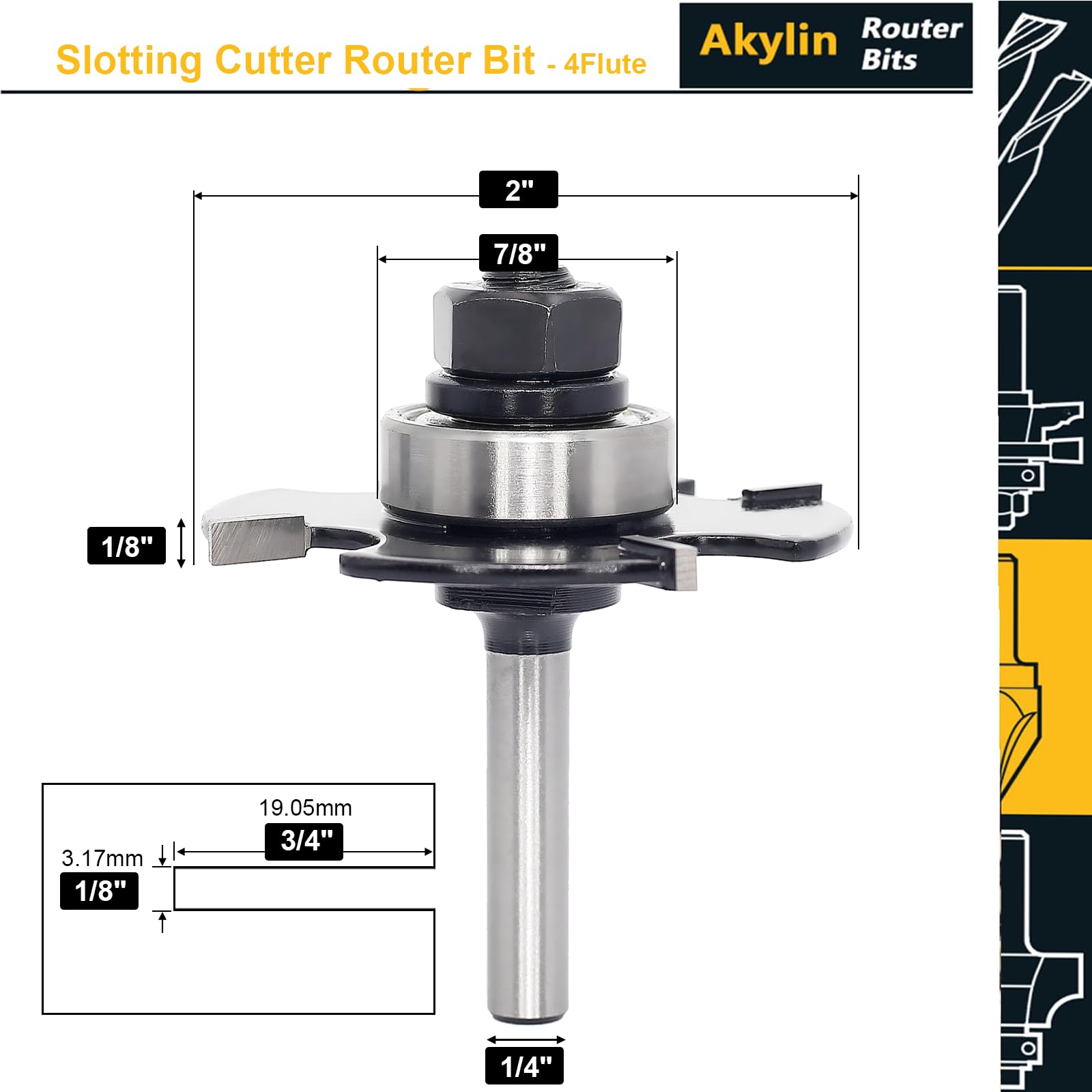 Akylin Slotting Cutter Router Bit, 1/4 Inch Shank, 4 Wing Slot Router Cutter Bit with bearing, 1/8” Height X9/16” Depth - Image 2