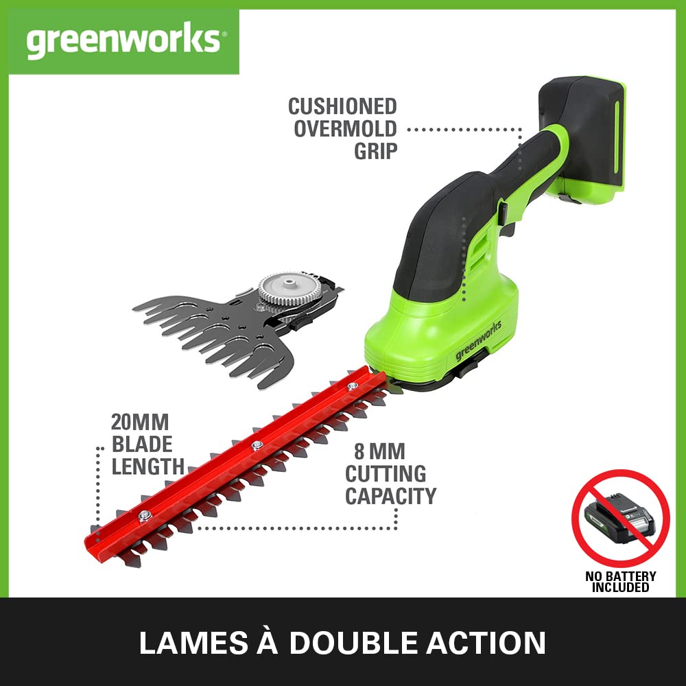 Greenworks G24SHT Cisaille sculpte-haies taille-herbes 2en1 24V Li-Ion 2400 coups/min 8mm 20cm 120mm sans batterie ni chargeur
