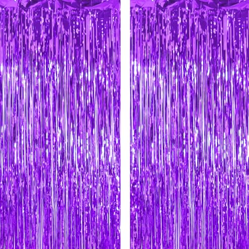 2 Pack Thickened Dark Purple Metallic Foil Fringe Curtains Streamer Rip Resistant Shimmer Tinsel Photo Booth Backdrop for Birthday Wedding Christmas Bachelorette Party Decorations 3.28ft x 6.56ft
