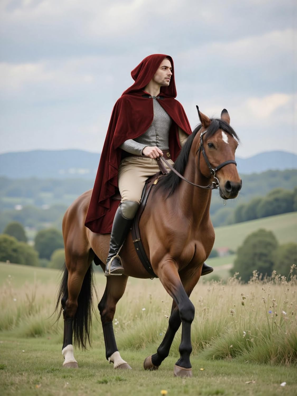 MCJC Medieval Hooded Cloak, Halloween Costume Cape, Black Velvet with Hood, Renaissance Robe - Image 5