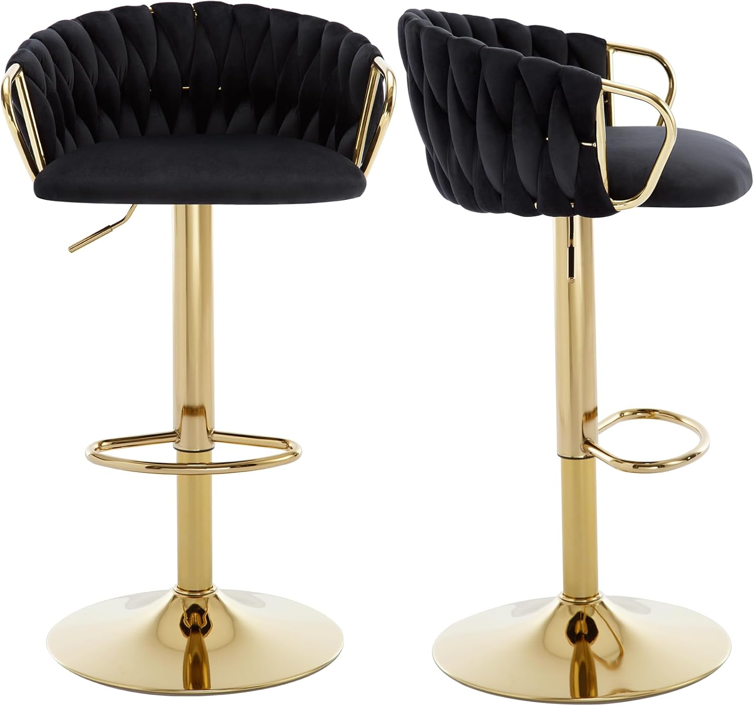 Black Velvet Swivel Barstools Set of 2,Adjustable Bar Height Stools with Weave Backs/Golden Base,Upholstered Modern Counter Height Stools for Kitchen Island/Pub/Dining/Cafe/Restaurants, Black