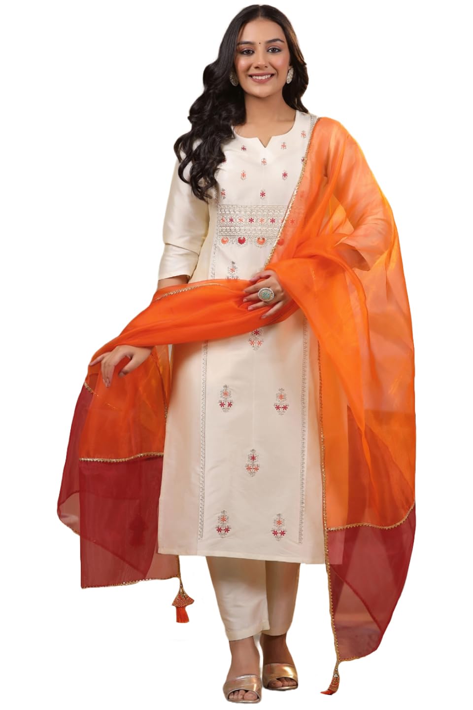 gosriki Women's Cotton Blend Straight Embroidered Kurta with Pant & Dupatta-picture-19