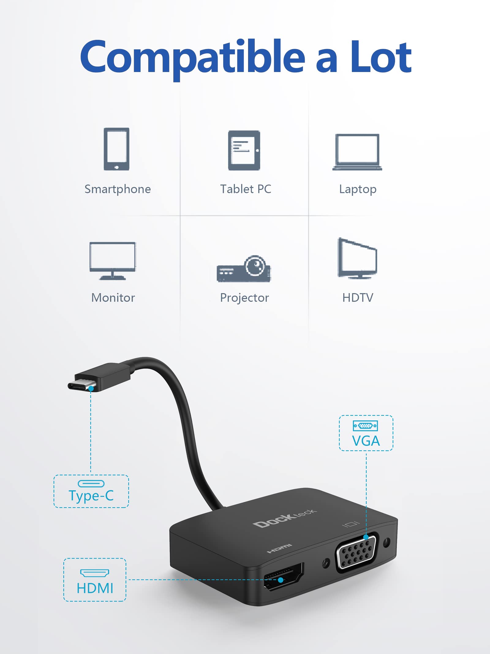 Adaptador USB C a VGA y HDMI, Tipo C a HDMI y VGA con 4K 60Hz y 1080P 60Hz, Compatible con MacBook Pro, Huawei, DELL, Chromebook, Samsung y más, Negro