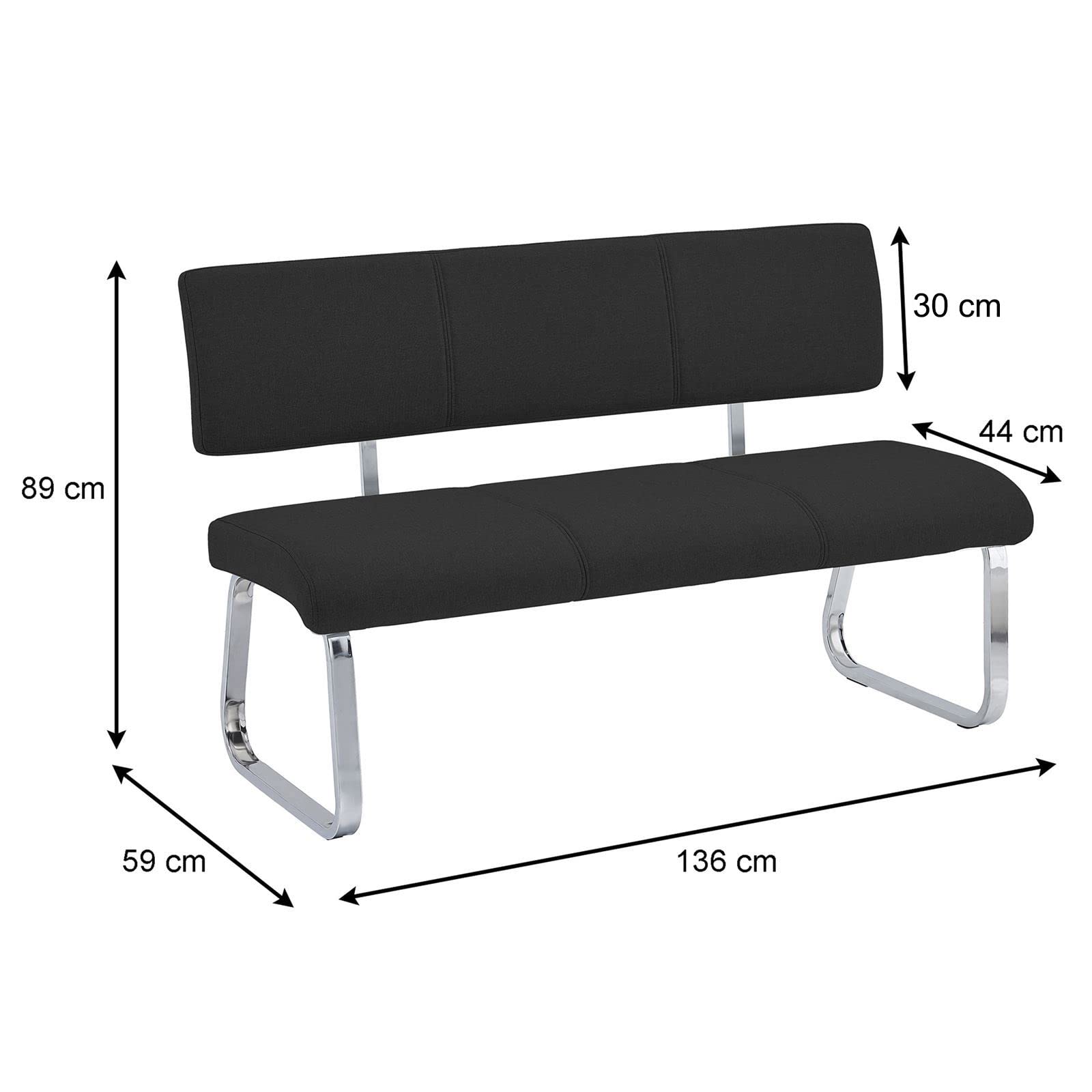 IDIMEX Banc sallle à Manger Vilas L 135 cm, siège avec 3 Places, Banquette au piètement chromé et Dossier au revêtement en Tissu Noir