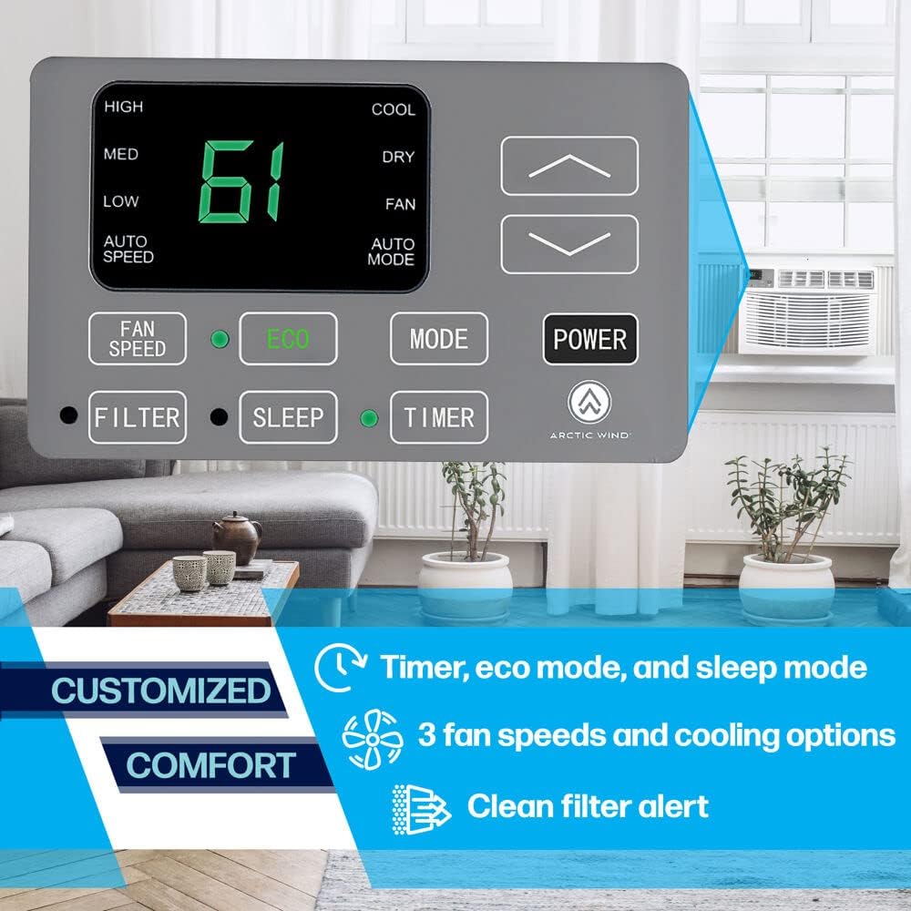 Close-up of the Artic Wind AC unit's digital control panel, showing buttons for Fan Speed, ECO, Mode, Power, Filter, Sleep, and Timer, with an LED display showing temperature.