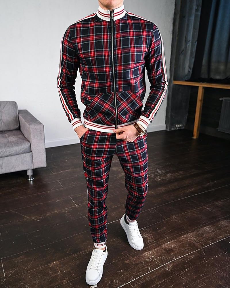 Tuta Sportiva da Uomo Maniche Lunghe Plaid Pattern Abbigliamento Casual con Cerniera e Tasca Slim Fit Sportive Giacche e Pantaloni della Tuta Plaid Sportivo Set Confortevole