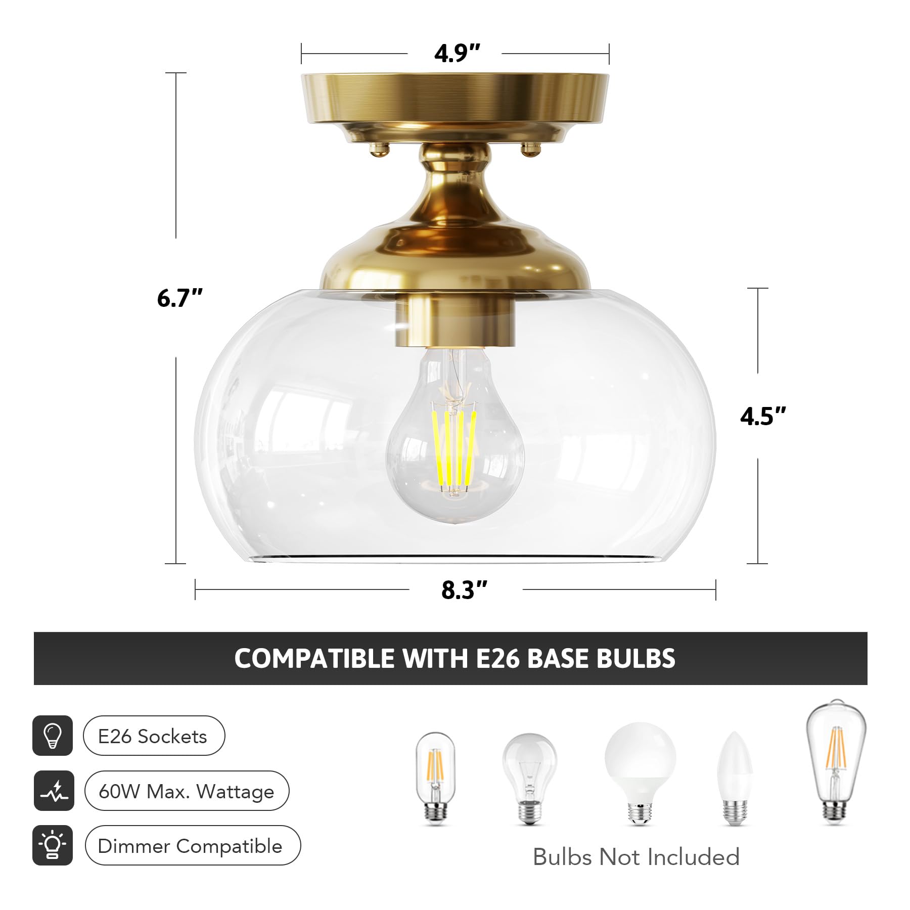 Lámpara de techo industrial semiempotrada, lámpara de techo de 8.3 pulgadas con pantalla de vidrio transparente, iluminación de granja para pasillo, cocina, dormitorio, entrada, lámpara de 5
