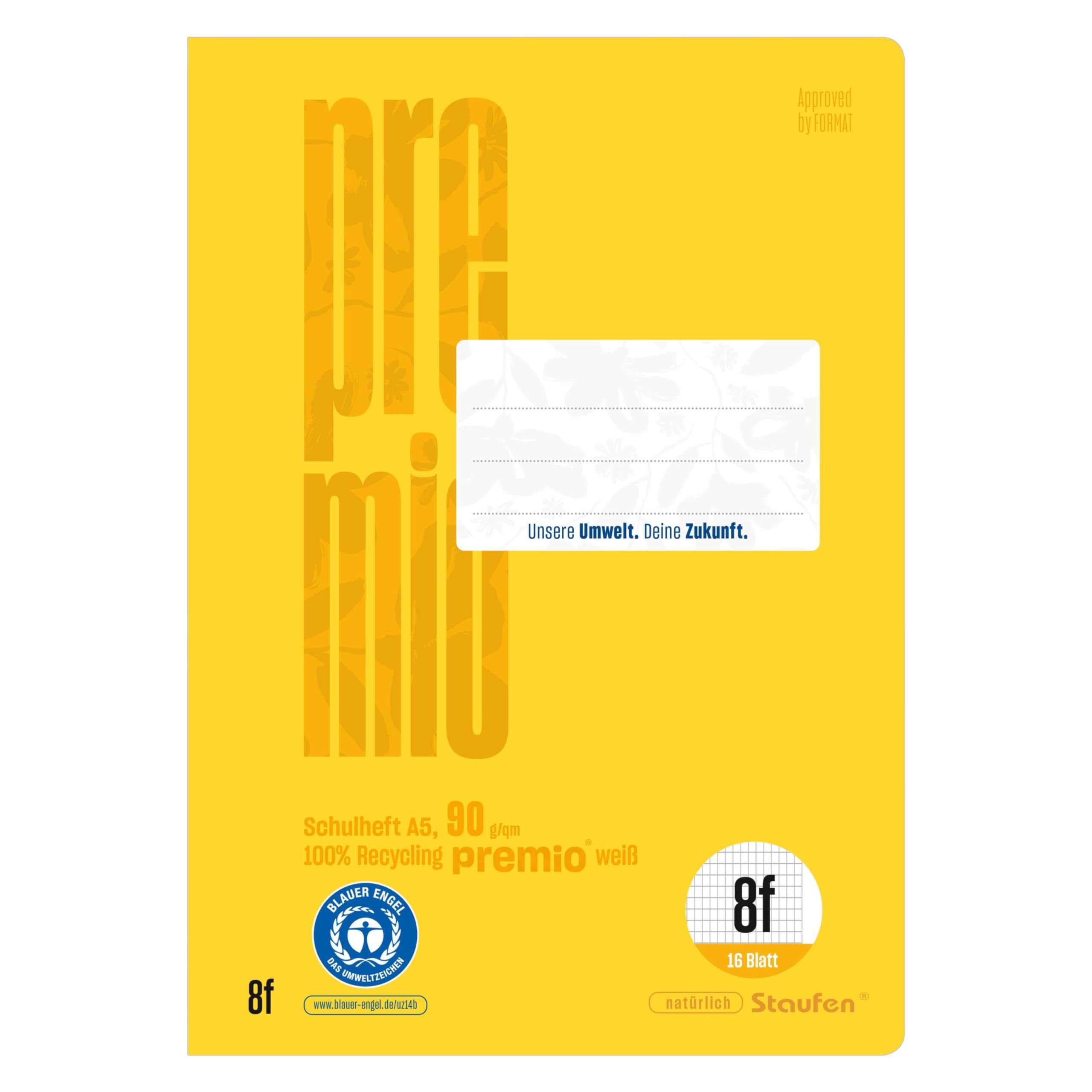 Staufen premio exercise book, 10 notebooks, 16 sheets each, DIN A5, ruling style 8f (5 x 7 mm diamond with margins), 90 g/m² recycled paper, round corners prevent donkey ears