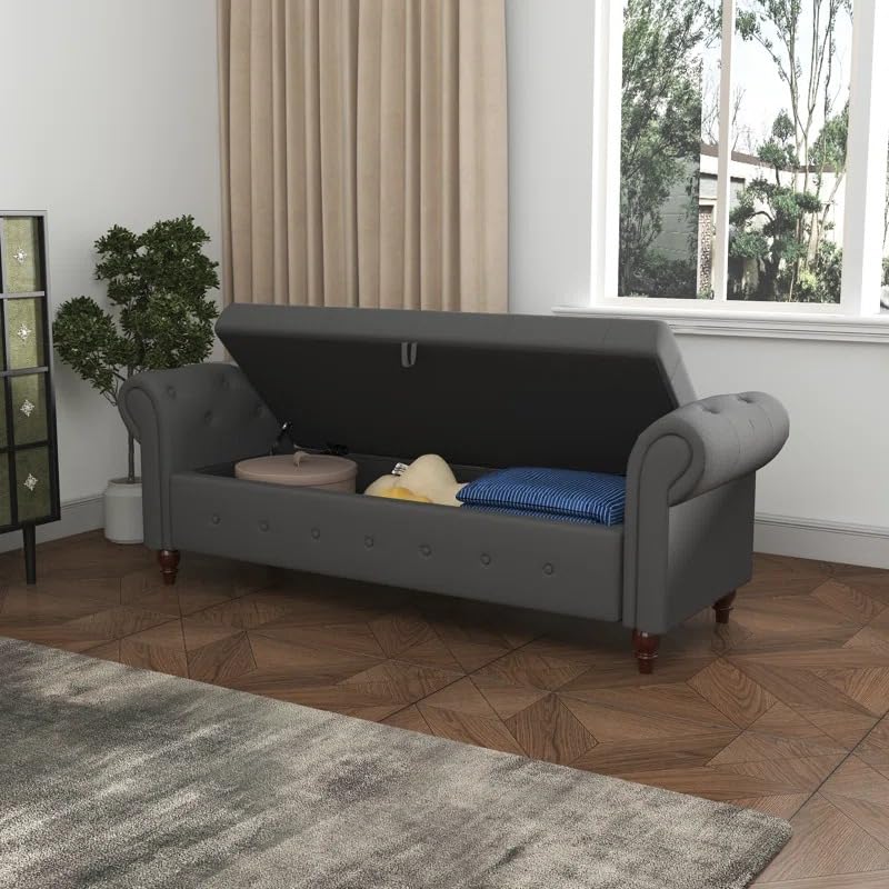 Image of LEGACY OF COMFORT F4 Velvet Upholstered Storage Bench Sofa Bench Sofa couches Rolled Arm Window Bench Ottoman Bench 2 Seater Sofa Chaise Lounger or Living Room Bedroom Office (Grey Velvet)