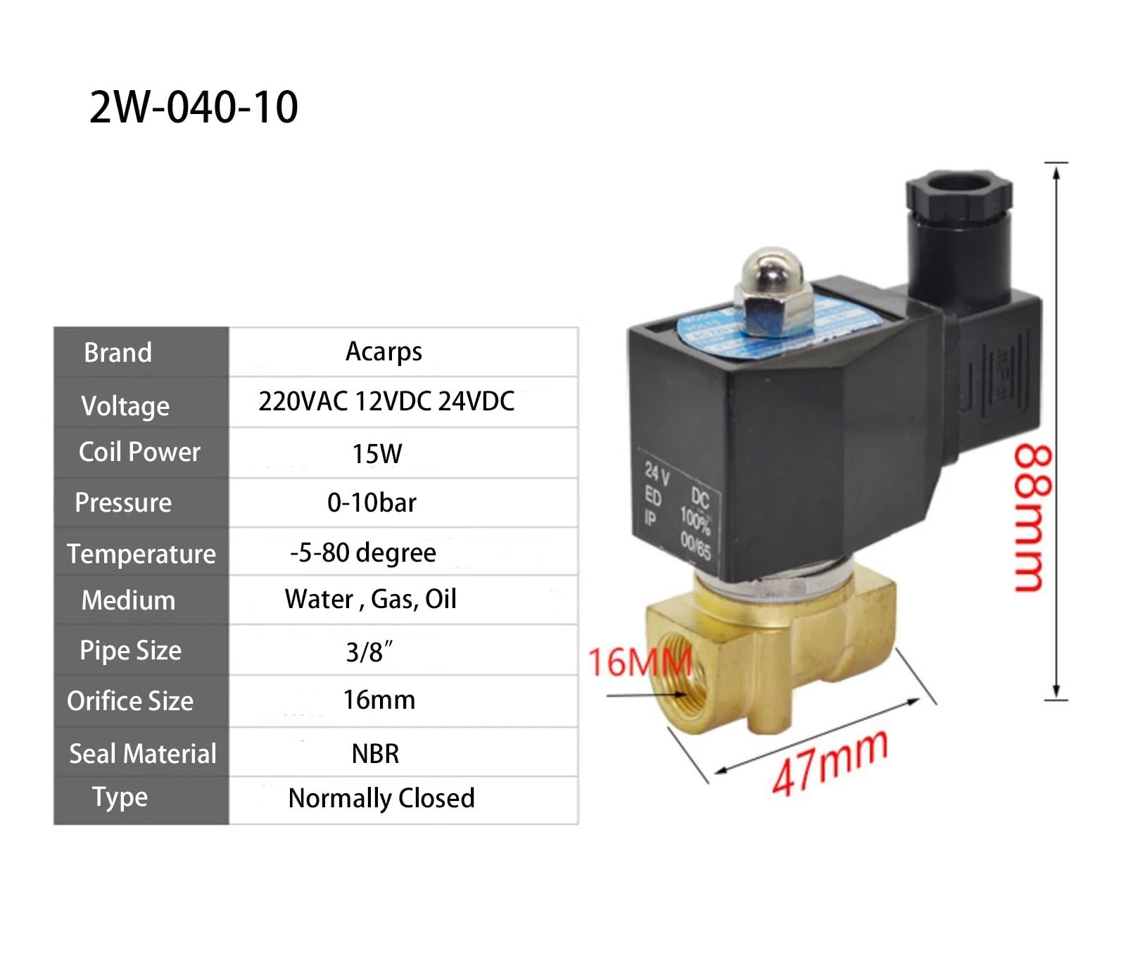 Válvula solenoide impermeable de 3/8", 2 vías, 240/120/110/220/380/24/230 V CA, 12/24 V CC, 2W-040-10(110VAC,Normally Open)