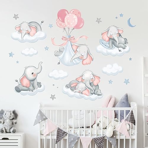 wondever Calcomanías de pared de elefante durmiente rosa acuarela, animales voladores, nubes, estrellas, despegar y pegar, calcomanías artísticas