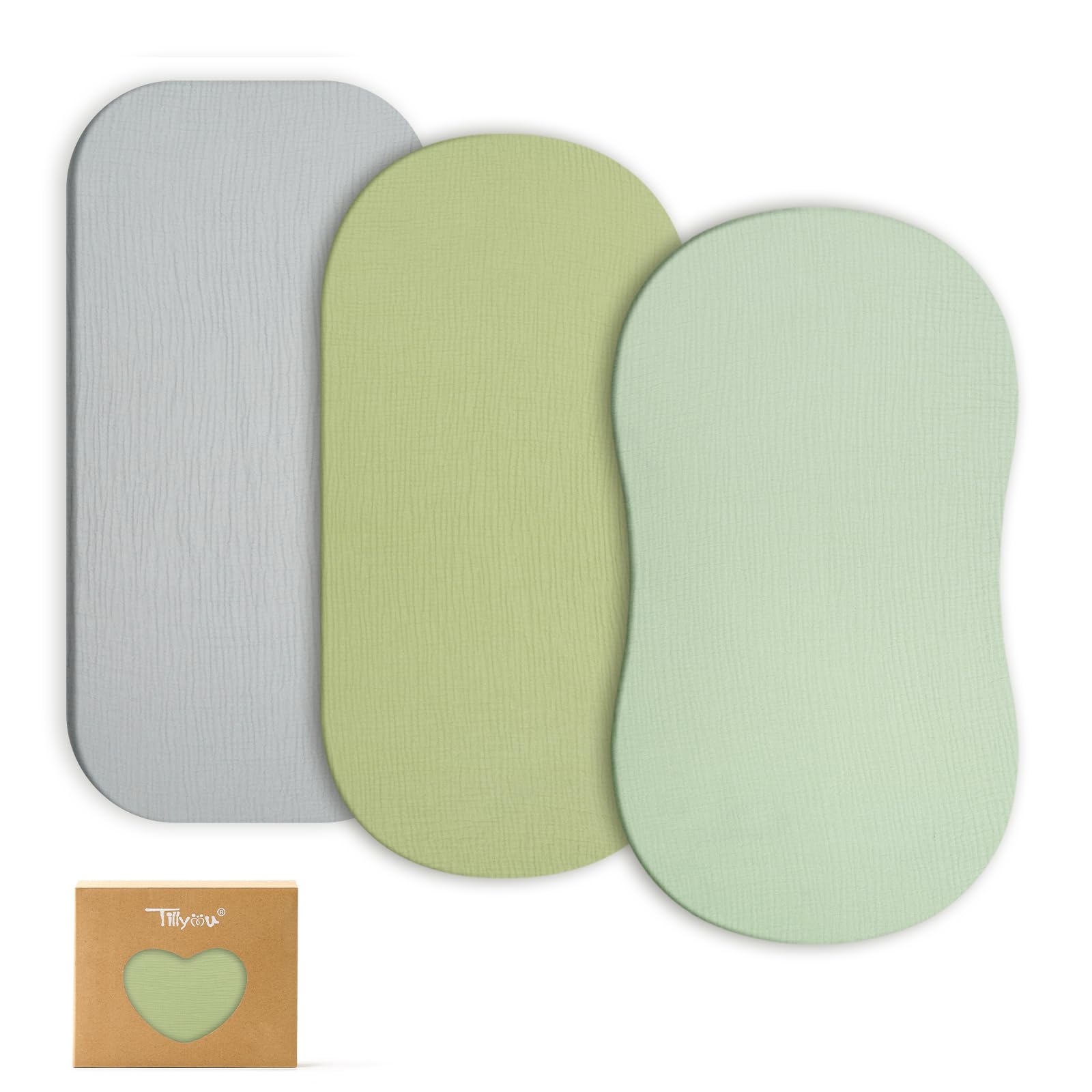 TILLYOU Musselin Spannbettlaken 3er Set Spannbettlaken Kinderwagen 100% Baumwolle Spannbettlaken Beistellbett 40x80 cm, Graugrün