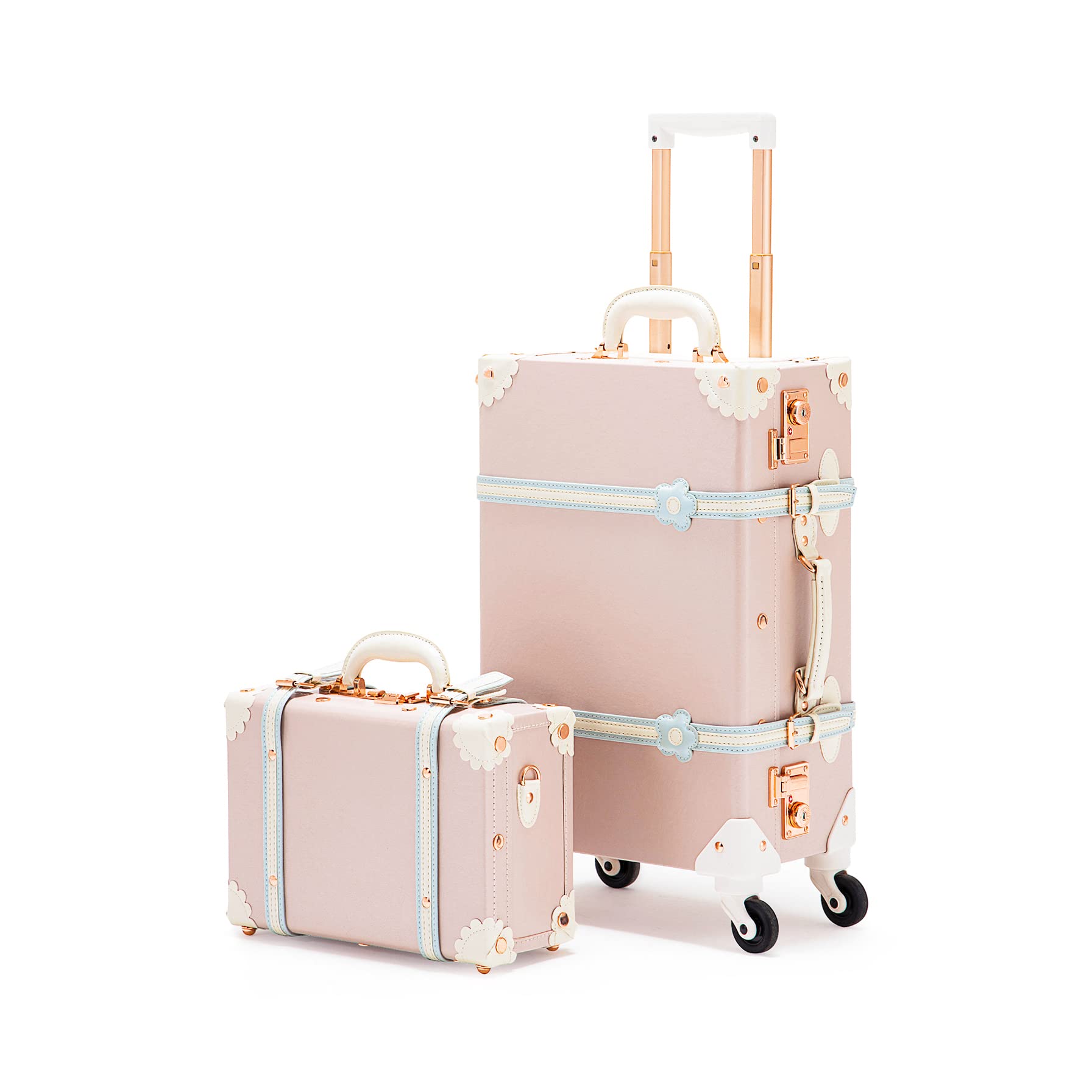 COTRUNKAGE Vintage Luggage Sets for Women, 20" Small Pink Carryon Luggage 2 Piece with Spinner Wheels, 13" Travel Cosmetic Train Case, Cherry Pink