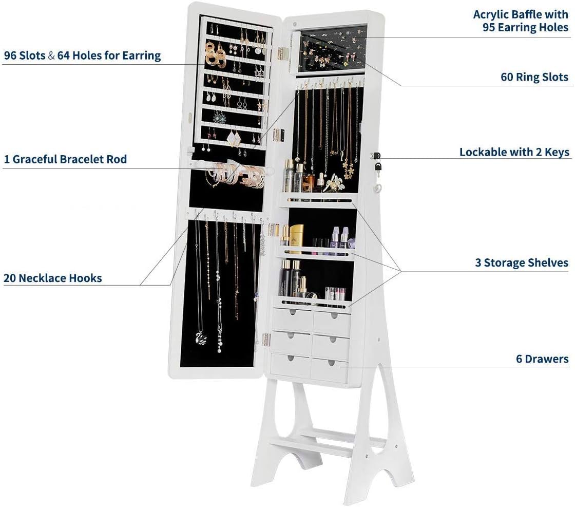 YOLENY Floor-Standing Jewelry Armoire, Frameless Full Length Mirror, Lockable Design, Angle Adjuestable Jewelry Organizer, Large Capacity Dressing Mirror Makeup Jewelry Cabinet with LED Lights : Clothing, Shoes & Jewelry