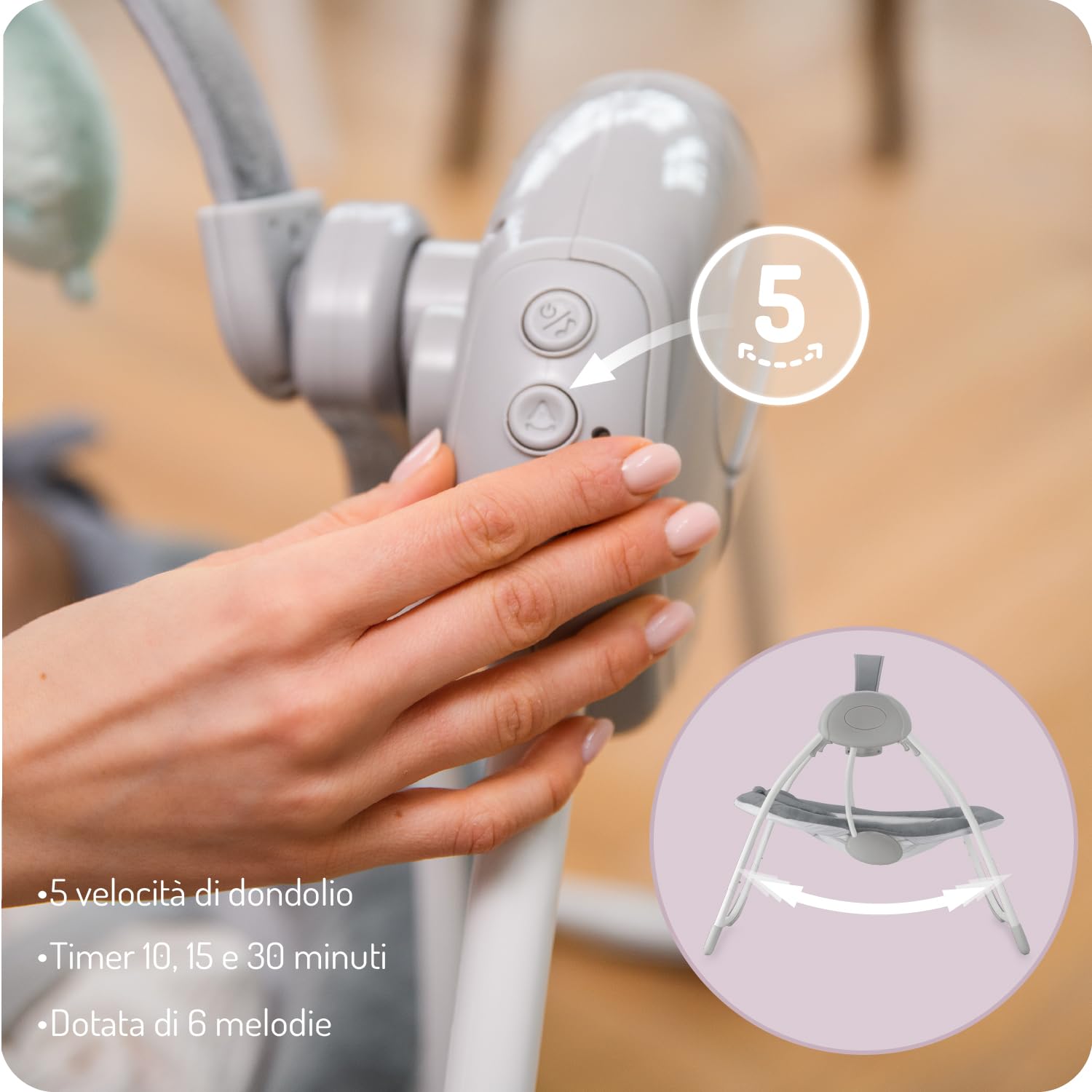 Sdraietta a dondolo MoMi LISS per neonati fino a 9 kg, pieghevole, a batteria o rete con USB, cinture 5 punti, barra con giocattoli, 6 melodie, timer, 5 velocità di oscillazione