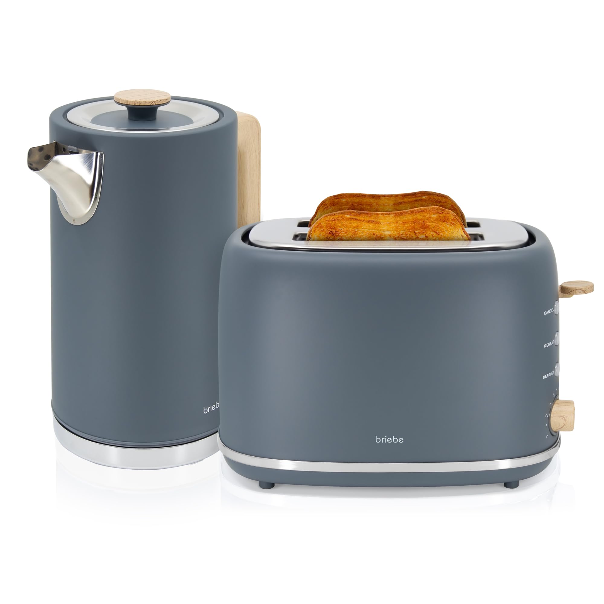 briebe Nordic Tostapane a Fessura Larga a 2 Fette, 6 Livelli di Tostatura, Pinze + Bollitore Elettrico 1,7L Cordless, Ebollizione Rapida 2200 W, senza BPA, Set Colazione Design Nordique, Grigio