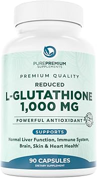 PurePremium Reduced Glutathione 1000mg Per Serving - 500mg Per Capsule – L-Glutathione Supplement & Antioxidant Support for Normal Liver, Brain, Skin & Heart Health – 90 Capsules