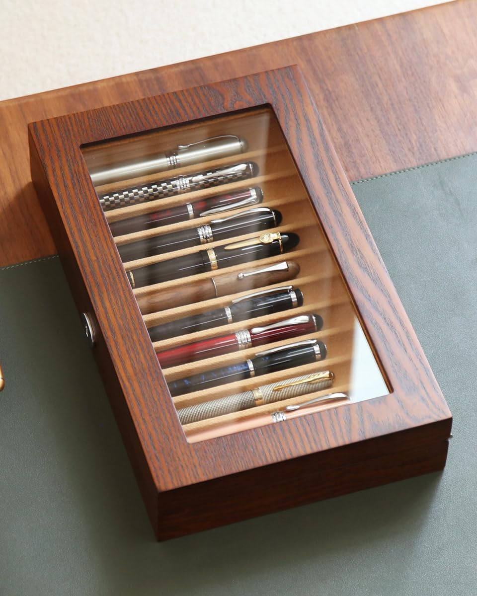 Fountain Pen Display Case 12 Pens, Lockable Wood Pen Box Collection Storage Case with Glass and High-End Hardware (Brown with Camel Velvet)