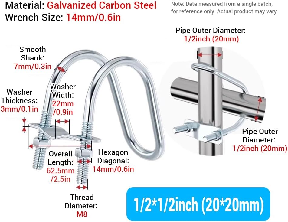 10pcs Double U-Bolt Cross Pipe Clamp, Galvanized material for 1/2"x1/2" OD Pipe (20x20mm) Greenhouse Scaffolding Connector