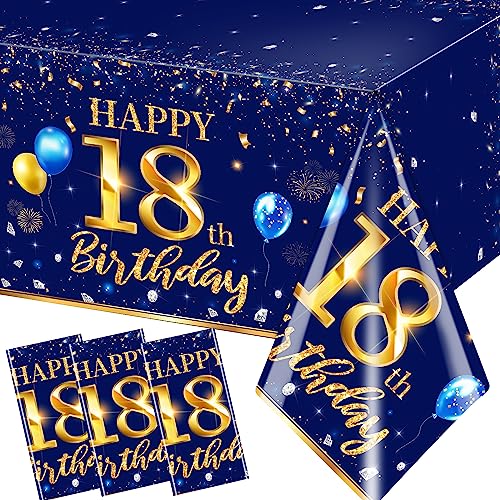 GREHUMOR 18th Birthday Decorations Men-3pcs Navy Blue 18th Birthday Table Covers Rectangle Waterproof Plastic Gold Blue Birthday Tablecloth for Men 18th Birthday Party Supplies