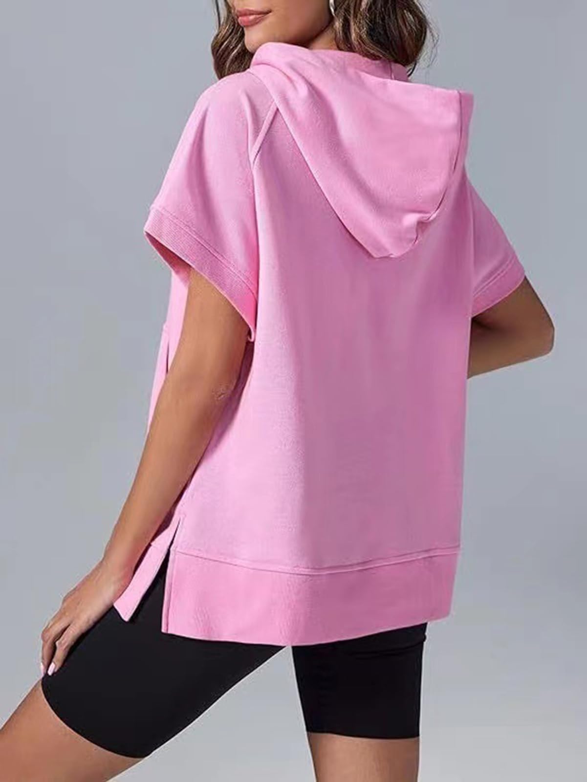 Damska bluza z kapturem z zamkiem błyskawicznym z krótkim rękawem bluza z kieszenią boczne rozcięcie bluzy moda na co dzień letnie topy