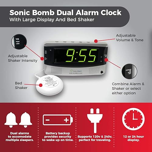 Miniatura 4 de Sonic Alert 0 Sonic Bomb - Reloj despertador doble con pantalla grande color plateado