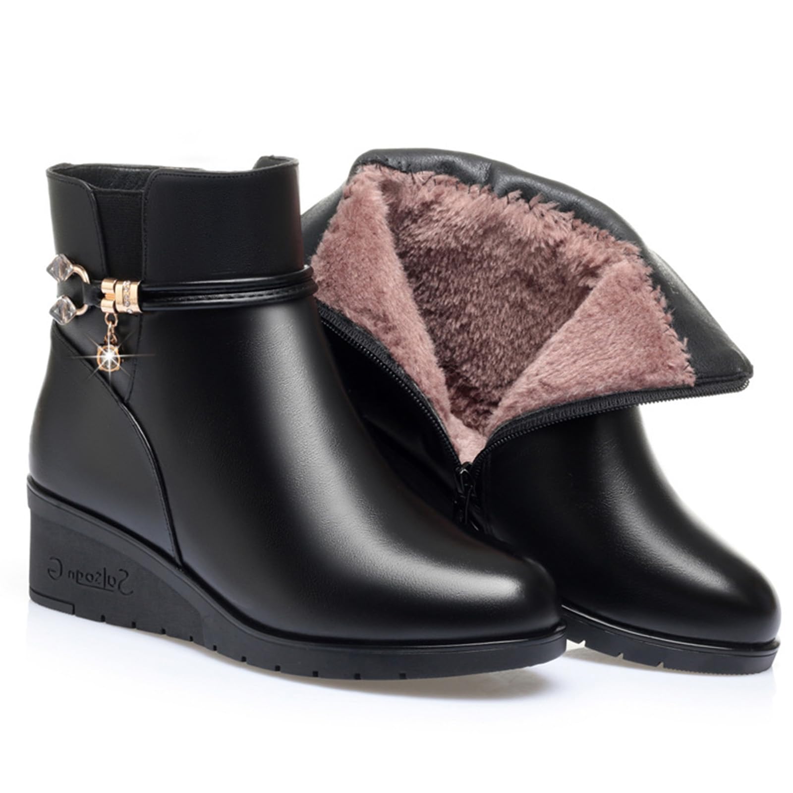 Womens Black Wedge Heel Ankle Booties Soft Leather Platform Side Zipper Sparkling Rhinestones Winter Warm Fur Lined Thickening